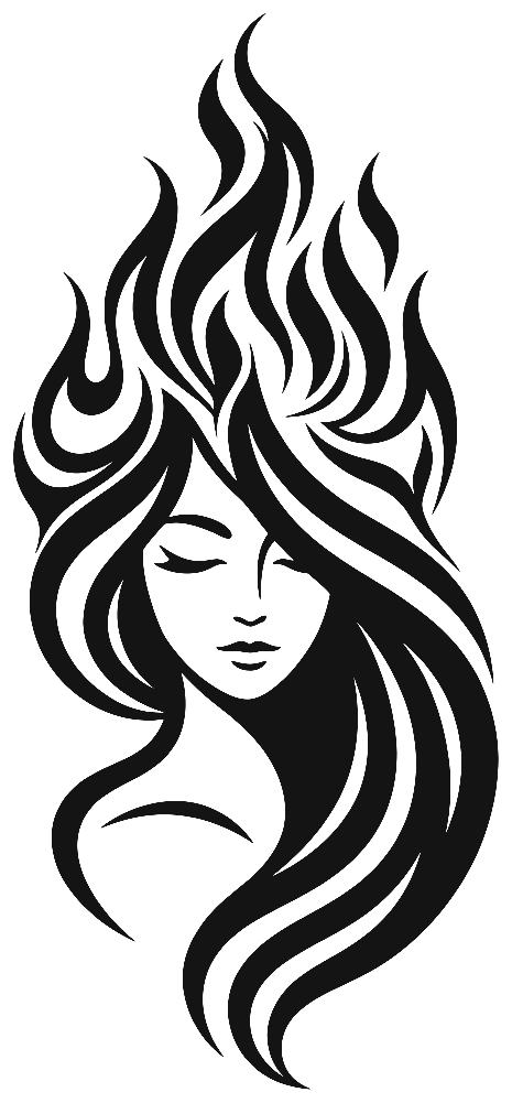 Logo Incandescence — visage de femme aux cheveux-flammes